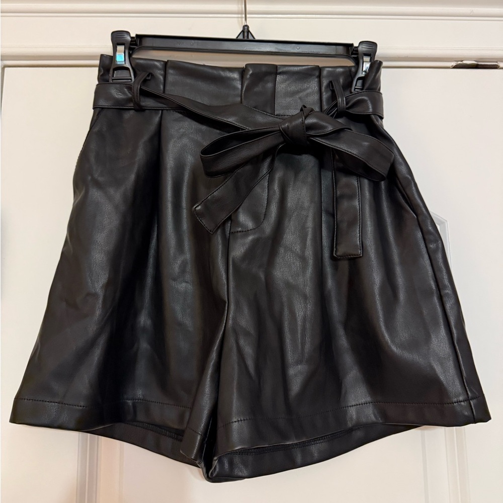 High Waist Black Faux Leather Shorts with Tie Waist